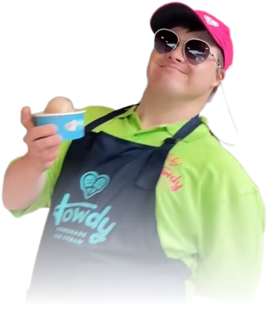 Happy Homemade team member with sunglasses serving ice cream